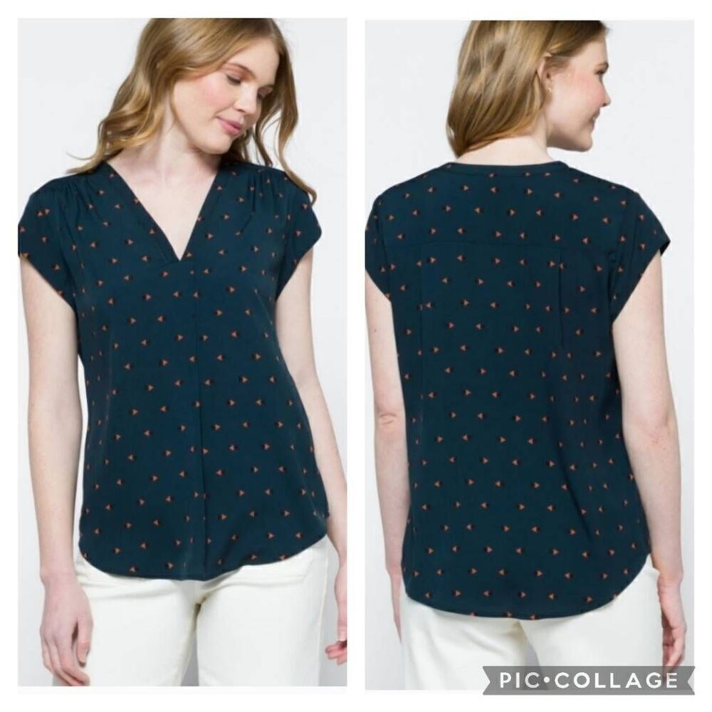 New Fun 2 Fun Lillian V-Neck Navy Tan Orange Black Geometric Blouse size L
